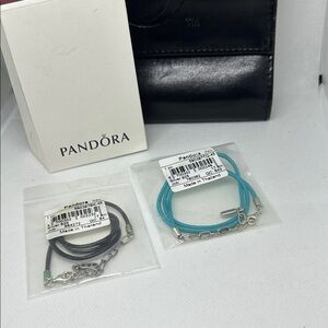 Pandora Leather Black and Teal Necklace Cord with Sterling Silver
